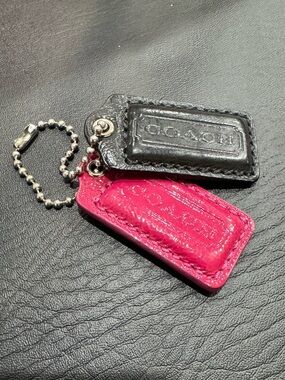 COACH Double Leather Hangtag Set of 2 in Black and Hot Pink - Silver Metallic